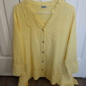 Women’s Yellow 100% Linen Long Sleeve Tunic by Symple, 1X, Flared Side Hem